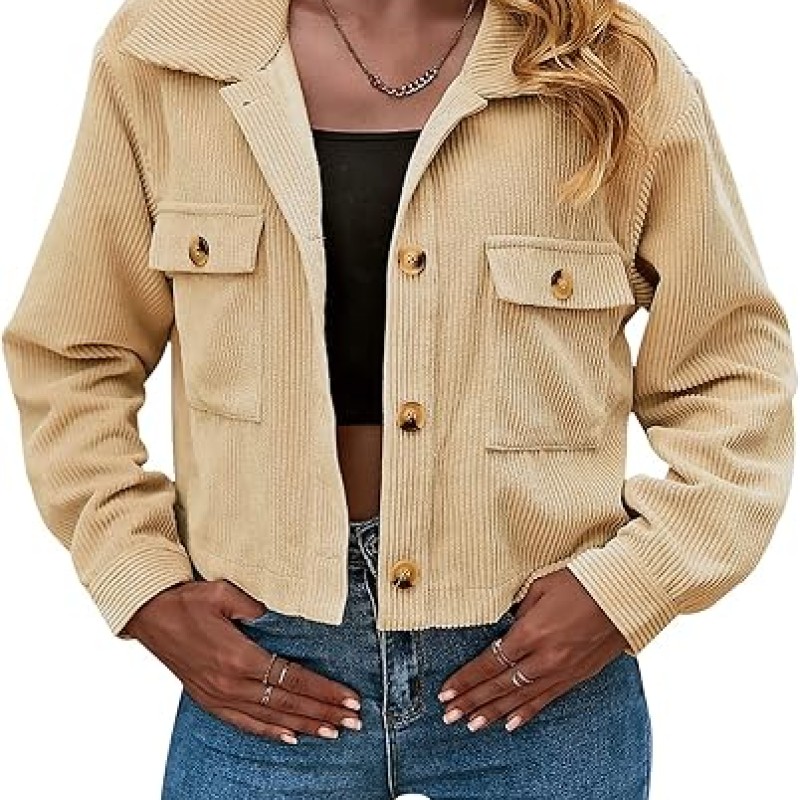 Women's Fashion Cropped Shacket Button Down Corduroy Shacket Jackets Casual Plaid Long Sleeve Crop Jackets Tops